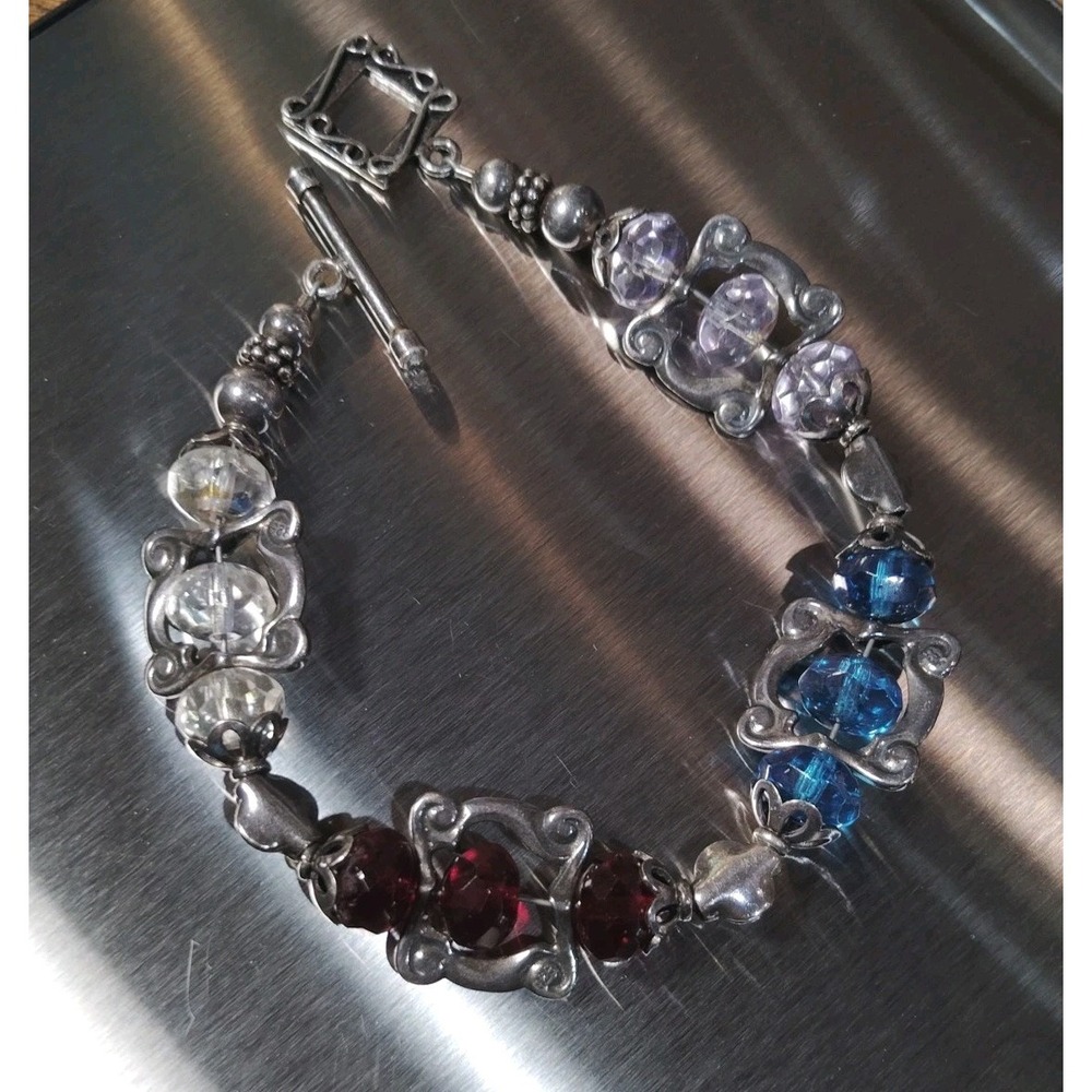 Vintage 925 Sterling Silver Multi Color Glass Bead Toggle Bracelet 8"